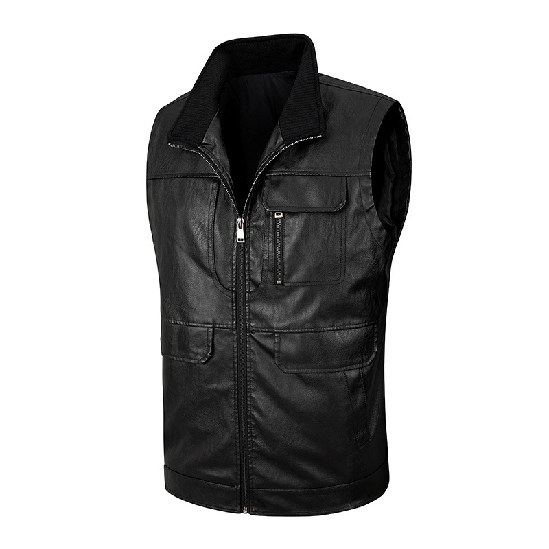 Leather Work Vest For Men - Men's leather vest, thin stand up