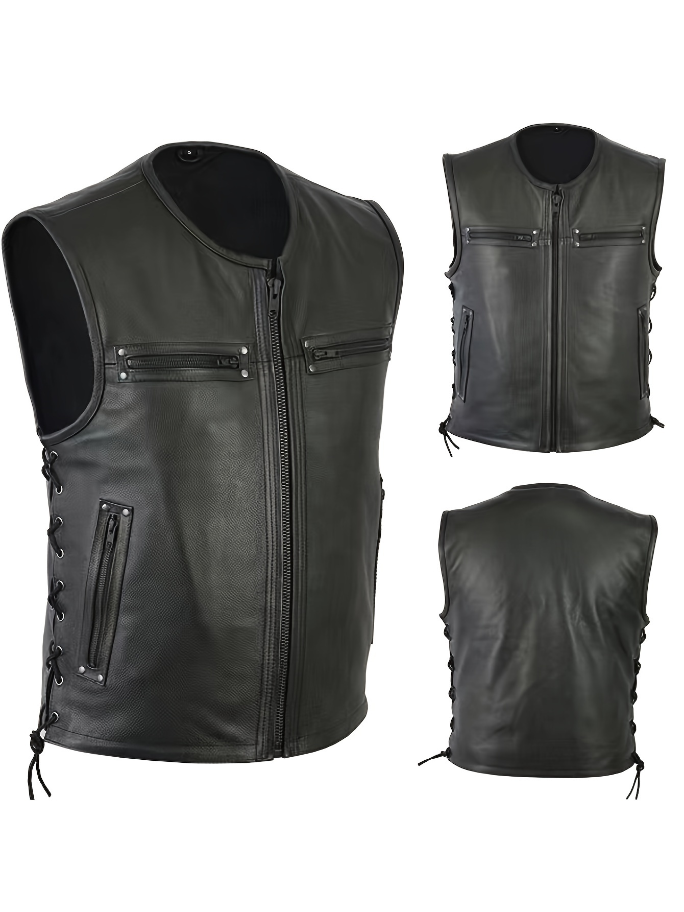 Men Solid Color Vest Motorcycl - Leather Work Vest For Men 评论和价格