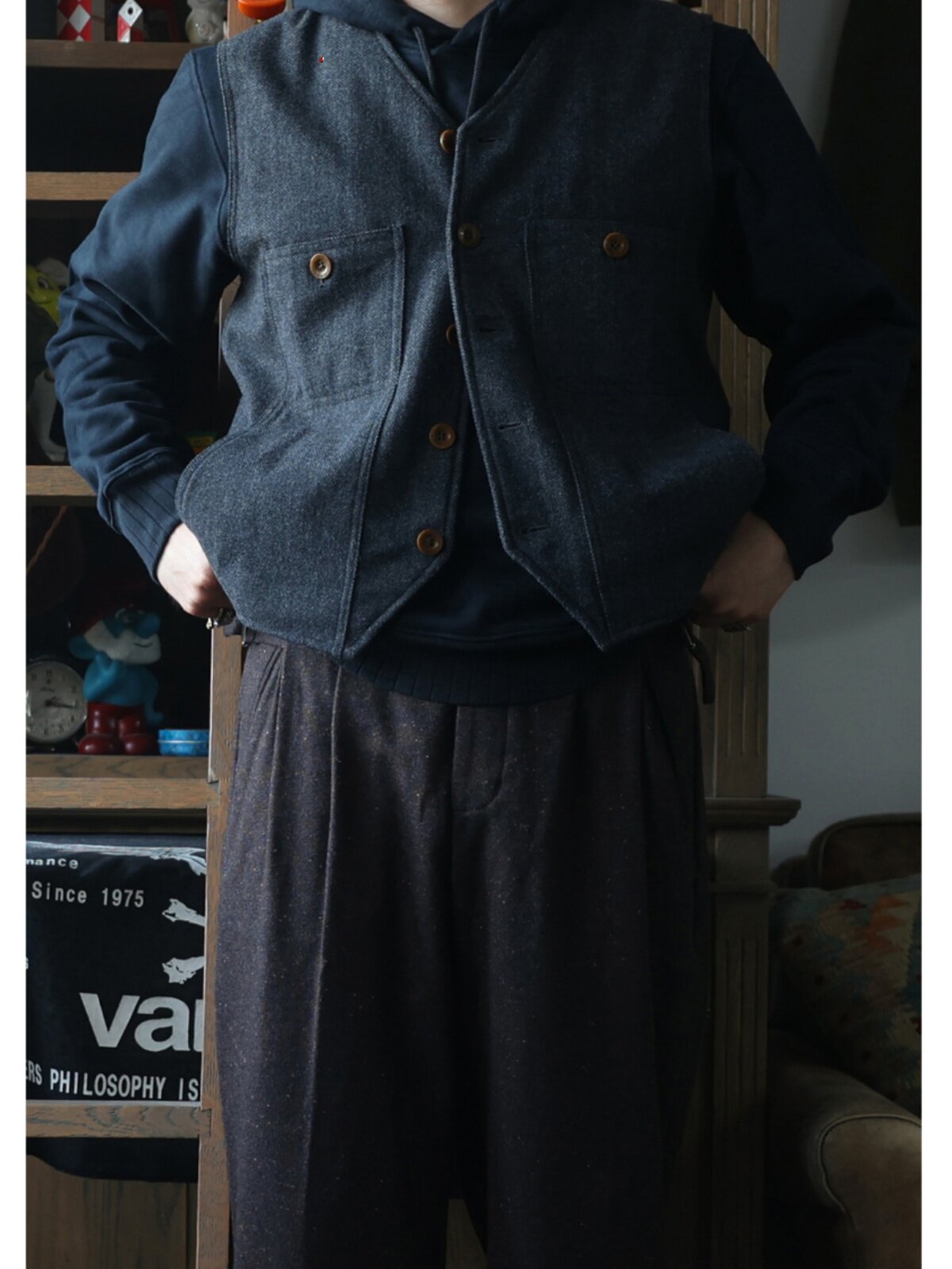 Secondorder FW24 Vintage Wool  - Leather Work Vest For Men 评论和价格